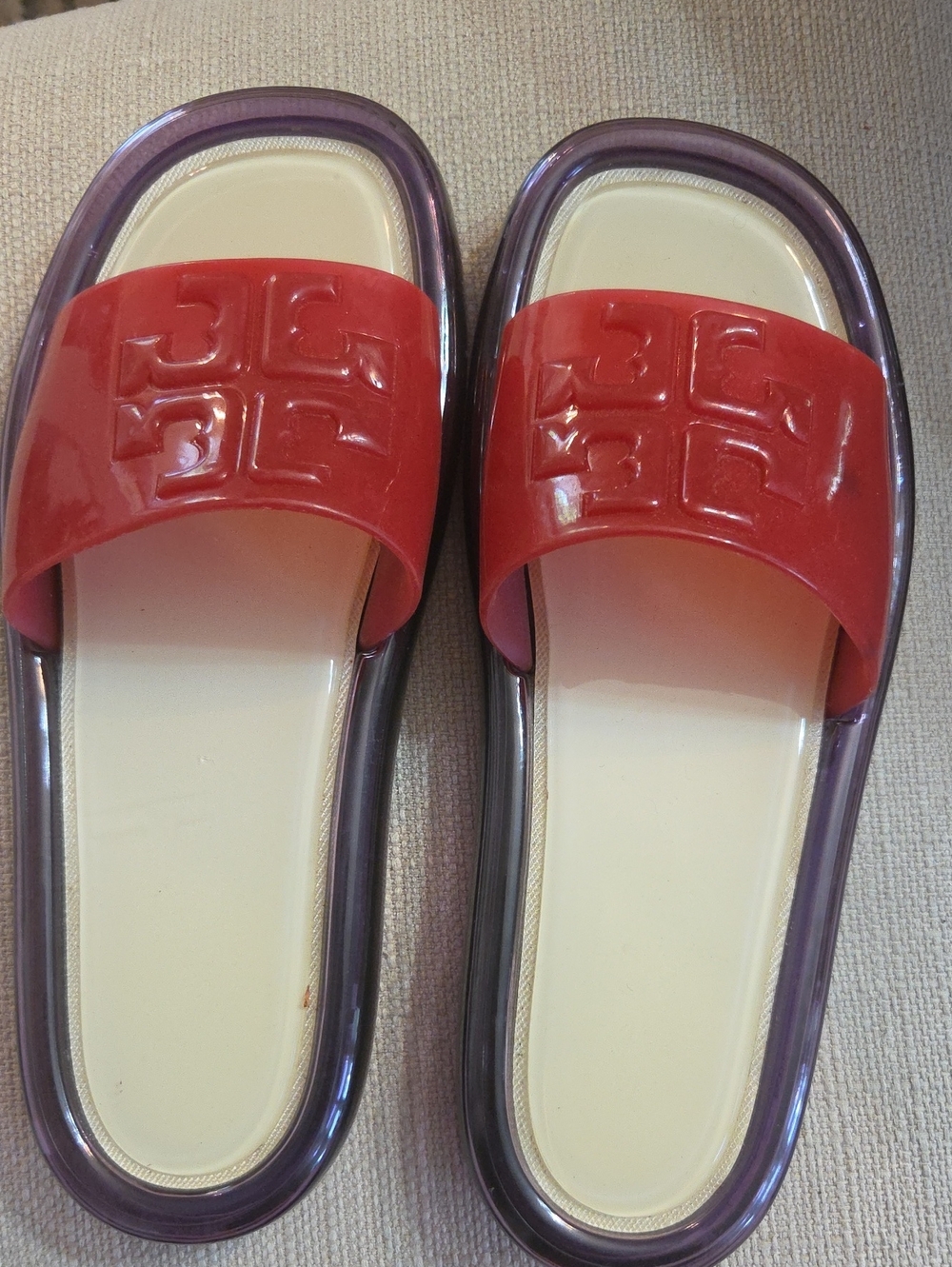 Tory Burch Red and Purple Trim Slide Sandals